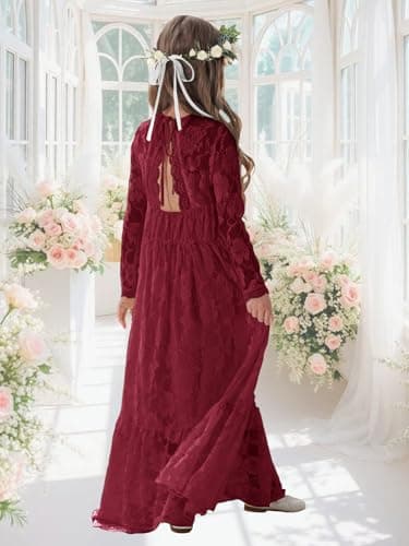 ALLOVIN Toddler & Girls Long Sleeve Lace Flower Girl Dress Maxi Boho A-Line Dress for Wedding Baptism 1st Communion | Burgundy | 3-4Y - Thumbnail 6