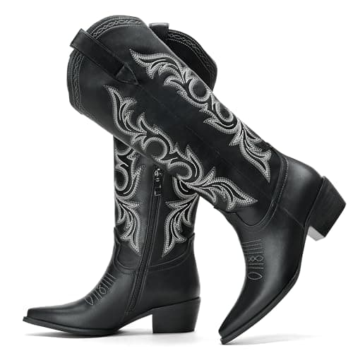 Cozivwaiy Knee high Cowboy Boots Women Embroidered Tall Black Boots 1.96 Inch Heels Pull on Black Cowgirl Boot Pu Leather Western Ranch Boot Country Concert Shoes Zipper Chunky 9 - Image 1