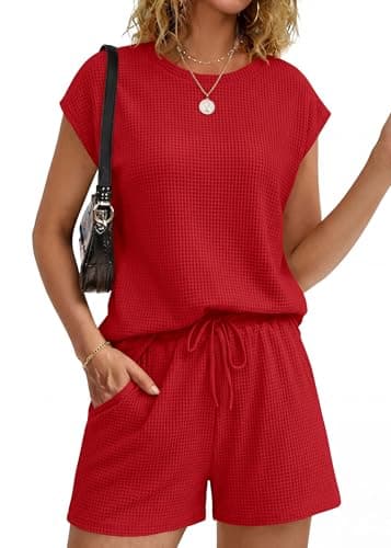 KIRUNDO 2 Piece Sets For Women 2026 Summer Waffle Knit Cap Sleeve Lounge Set Casual Travel Vacation Outfits With Shorts(Red, Large) - Image 1