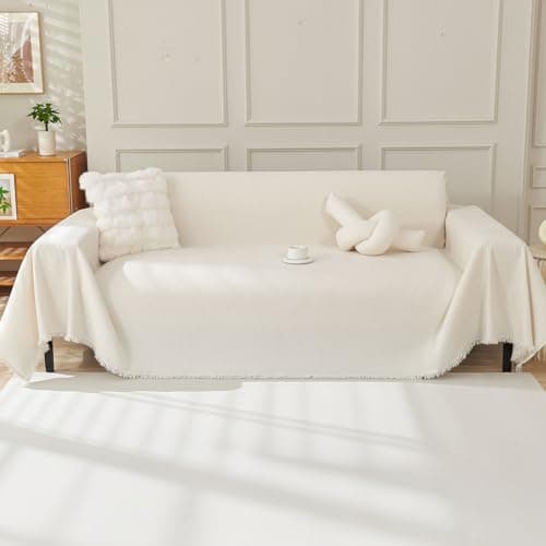 OstepDecor Chenille Couch Cover, Beige Sofa Covers Washable, Sectional Couch Covers for Sofa L Shape, Couch Blanket Cover, Non-Slip Sofa Slipcovers for Dogs, Pets, 71" x 102" - Image 1