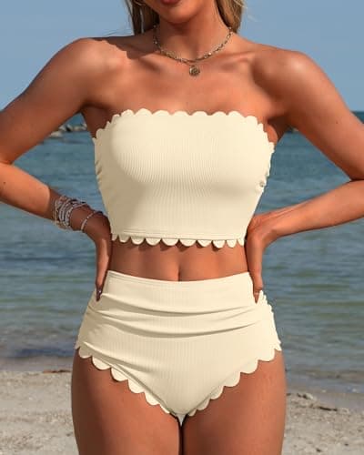 Charmo Strapless High Waisted Bikini Sets Women Tummy Control Scallop Bandeau Swimsuit Tie Two Piece Bathing Suit Beige M - Thumbnail 3