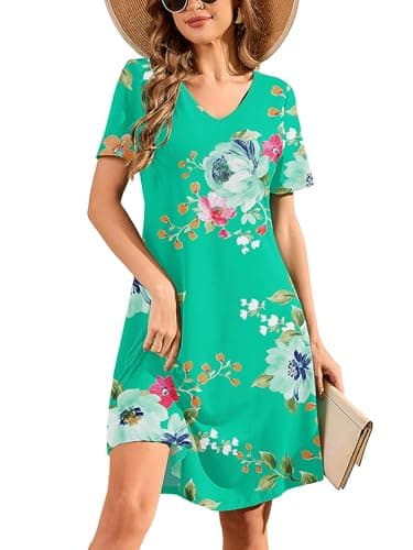 DEARCASE Women's Short Sleeve Casual Floral Tunic Dress V-Neck Loose Boho Knee Length Fall Summer Petite Stretch A-Line Wedding Guest Flowy Swing Church Tshirt Dresses Mint Green Flower X-Large - Image 1