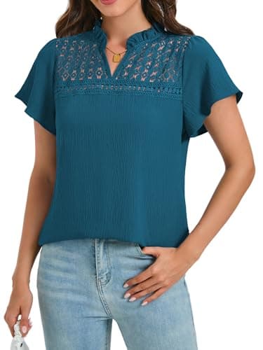 Funlingo Womens Dressy Casual Tops Summer Ruffle Short Sleeve Blouses V Neck Eyelet Lace Tunic Work Shirts 2026 Trendy Clothes Teal 3XL - Image 1