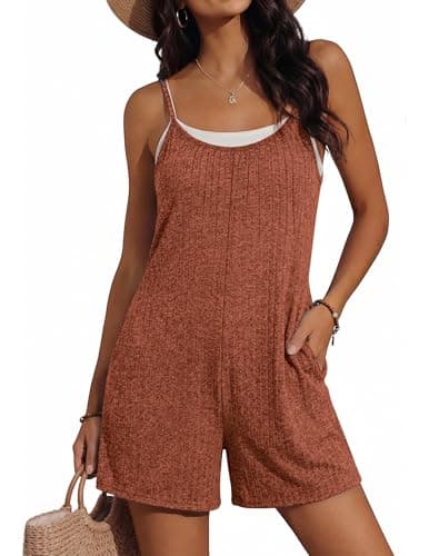 Ekouaer Womens Summer Casual Rompers 2026 Loose Sleeveless Overalls Adjustable Shorts Jumpsuits with Pockets Outfits Caramel Brown Medium - Image 1