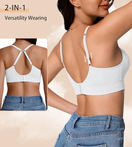 ZYQEXA Womens Deep V Bras Wireless Comfortable Bra Supportive No Underwire Bras Tshirt Push Up Bralettes Seamless Bra, White, XL - Thumbnail 2