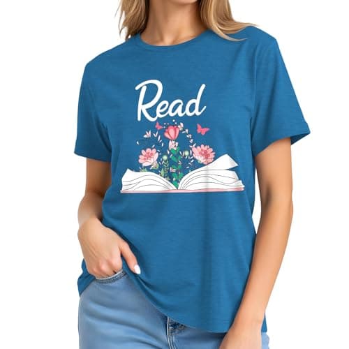 Read Book Shirt for Women-Reading Teacher Tee Tops Pink Flower and Butterfly Short Sleeve Cute Book Shirt - Thumbnail 4