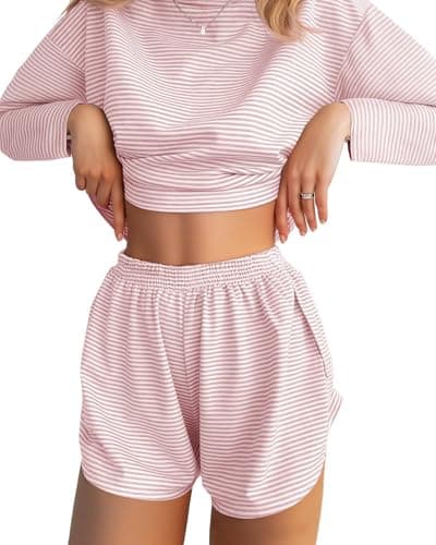 JUSTFASHIONNOW Womens Pajama Sets Long Sleeve Top and Split Shorts Striped Two Piece Lounge Set Cozy Loungewear Crew Neck Sleepwear Soft Pjs Fall Winter Cute Outfits (Pink, Small) - Image 1