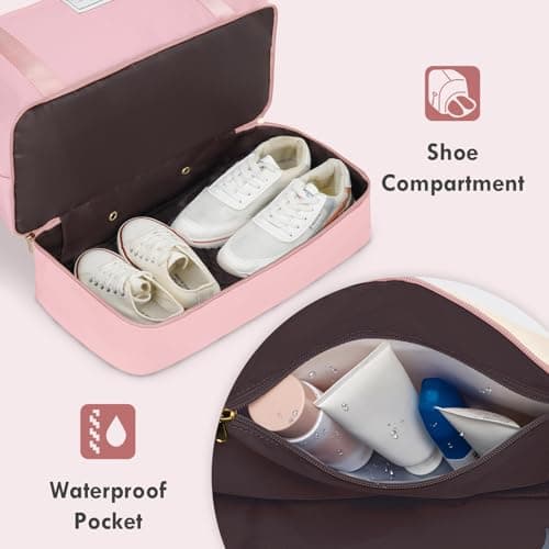 WOOMADA Weekender Bags for Women, Carry On Overnight Bag with Toiletry Bag, Personal Item Travel Duffel for Travel, Sports, Hospital(Beige&Pink) - Thumbnail 5