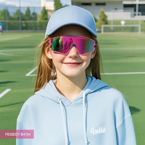 FEISEDY Unisex Youth Sunglasses, Teens Baseball Tennis Sunglasses, UV400 Sports Boys Girls Cycling Shades B4064 (Pink Frame/Purple Red Mirror) - Thumbnail 3