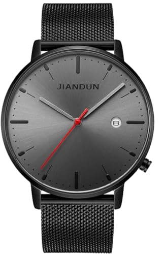 JIANDUN Mens Ultra-Thin Minimalist Wrist Watches for Men Dress Stainless Steel Mesh Band Waterproof(Black - Black face red Second) - Image 1