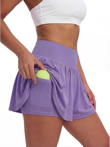Stelle Women 2 in 1 Running Shorts Flowy Athletic Short High Waisted Workout Tennis Gym Short with Liner Pockets (Lavender, M) - Thumbnail 4