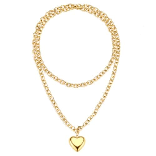 Emibele Gold Puffy Heart Charm Chunky Necklace, Stainless Steel No Tarnish 18K Gold Plated Layered Choker with Love Pendant & Long Chain, Gold Statement Necklace Trendy Jewelry Gifts for Women - Image 1