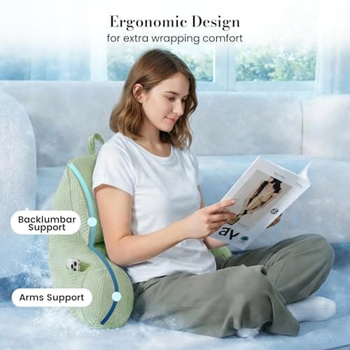 Amélie Home Premium Cooling Waffle Reading Pillow, Qmax>0.37 Ergonomic Back Support with Pocket & Handle, Breathable Lounging Pillow for Bed Sofa Floor Summer, Washable Cover, 17 Inches, Sage Green - Thumbnail 3