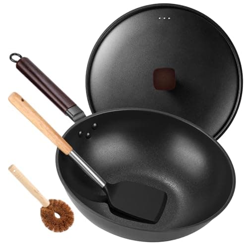 Teewe Carbon Steel Wok Pan - 13" Wok Pan with Lid, Woks & Stir-Fry Pans Nonstick with Spatula & Brush, Chinese Wok Flat Bottom Wok for Induction, Electric, Gas, All Stoves - Image 1