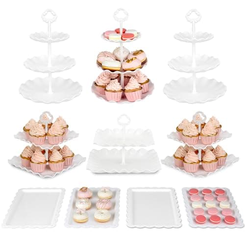 Pack of 10 NWK Cake Stand Set, with 3 x Two-Tier and 3 x Three-Tier Cupcake Stands, 4 x Appetizer Trays, 1 x Tablecloth for Birthday Bridal Baby Shower Party (White) - Image 1