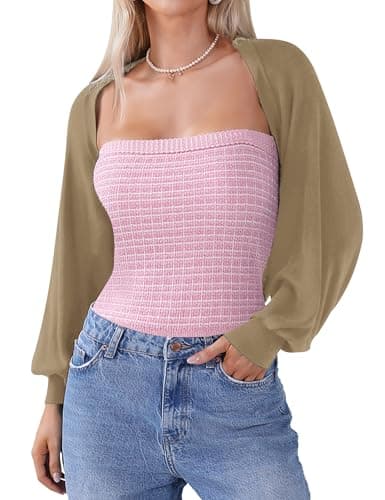 Totatuit Women's Y2K Shrug Sweater Knit Open Front Crop Cardigan Long Sleeve Short Bolero Shrugs for Dresses Camel - Image 1