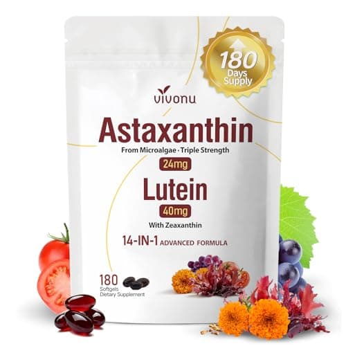 VivoNu 14-in-1 Astaxanthin 24mg & Lutein 40mg with Zeaxanthin Supplements, 6 Month Supply, Fresh Microalgae Source, Gluten Free Non-GMO, Supports Eye, Skin, Antioxidant, 180 Softgels, 1 Bag - Image 1