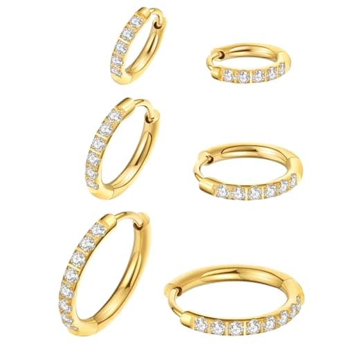 ENVYOU 316L Surgical Steel Huggie Hoop Earrings,Dainty Pave Cubic Zirconia Cartilage Tiny Earring for Sensitive Ears Hypoallergenic Lightweight (Gold,18G 8/10/12mm) - Image 1