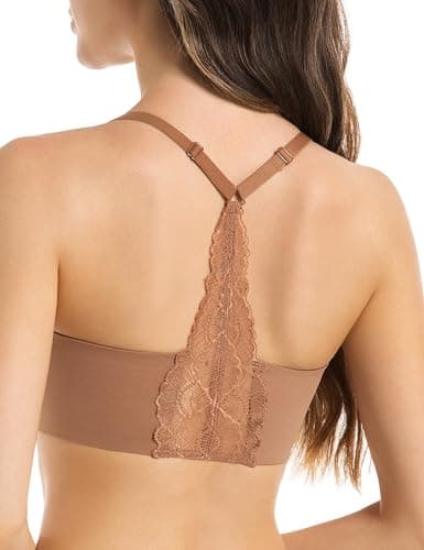 Lusait Lace Bralettes for Women Full Coverage Sexy No Underwire Deep V Racerback Bra Comfort Padded Bras Brown S - Image 1