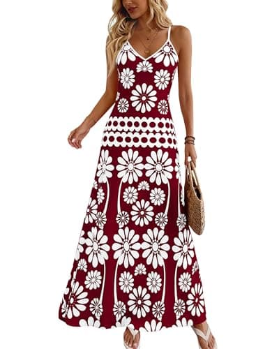 Zenlonr Womens Summer 2026 Wedding Guest Maxi Dresses Sphagetti Strap V Neck Floral Boho Long Dress Vacation(Wine Red White Flower,X-Large) - Image 1