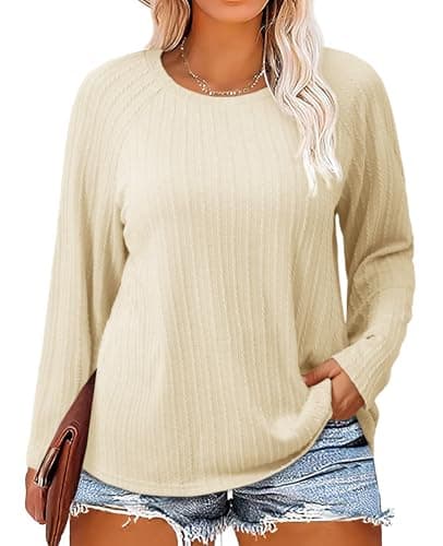 Imily Bela Womens Plus Size Tops Crewneck Long Sleeve Top Super Soft Shirts Oversized Basic Tees Loose Tunic Beige - Image 1