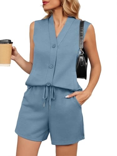 Casly Lamiit Lounge Sets for Women 2 Piece Travel Outfits Sleeveless Button Down Vest Shorts Sweatsuit with Pockets Spring Beach Vacation Clothes Blue Grey 2XL - Image 1