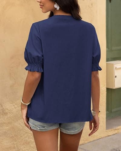 BTFBM Women's 2026 Spring Tops Casual Floral Boho V Neck Puff Short Sleeve Button Down Shirts Embroidered Blouses Tunic(Floral Navy White, X-Large) - Thumbnail 3