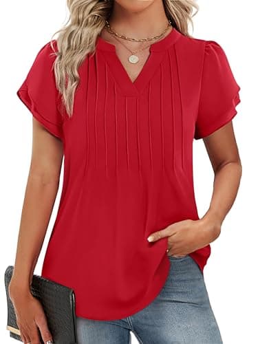 Funlingo Womens Tops Dressy Casual 2026 Short Petal Sleeve Tunic Blouses Spring V Neck Loose Flowy Dress Shirt Elegant Clothes Red 3XL - Image 1