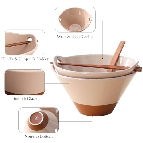 MALACASA 42 oz Ceramic Ramen Bowl Set with Wooden Spoon & Chopsticks, Japanese Style Soup Bowls for Ramen, Pho, Noodles – Set of 2, Microwave & Dishwasher Safe, Series TARA (Pink and Khaki) - Thumbnail 4