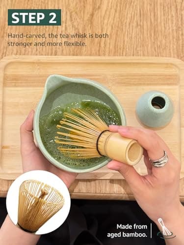 Sisher Matcha Whisk set,Matcha Bowl with Spout，Cute Matcha Set(5pcs)Matcha Bowl , Bamboo Whisk, Matcha Scoop, Matcha Whisk Holder (Chasen Holder), Stainless Steel Sifter, Matcha Making Kit(Green) - Thumbnail 3