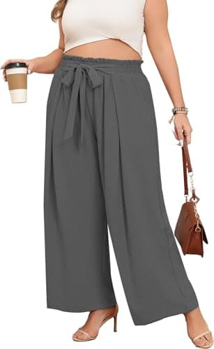 Lastshe Women's Plus Size Pants Wide Leg Work Casual Palazzo Flowy Elastic High Waisted Tie Knot Trousers with Pockets, Smoke Grey, 1X - Thumbnail 2