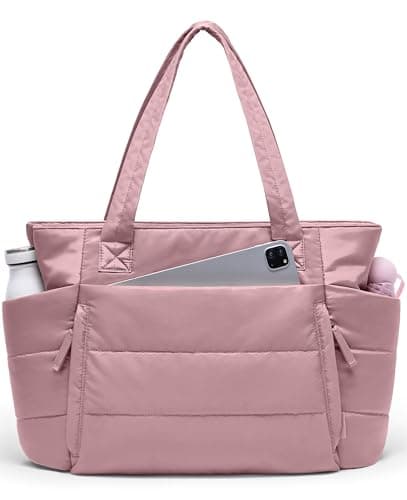 Tote Bag for Women with Zipper, Quilted Puffer Tote Bag with Compartments, Lightweight Puffy Work Bags for Women Travel (Mauve Pink - Image 1