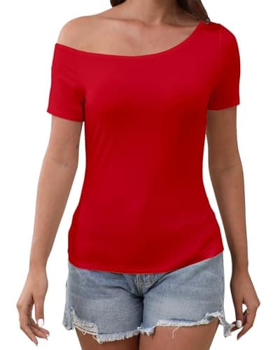 Abardsion Women Sexy Off The Shoulder Tops 2026 Spring Summer Clothes Trendy Short Sleeve Slim Fit T Shirts (Bright Red, S)