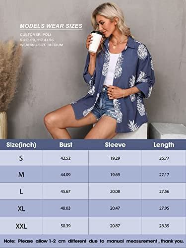 ZXZY Women Pineapple Printed Lapel Collar Half Sleeves Buttons Down Blouse Shirt (Blue, Medium) - Thumbnail 3