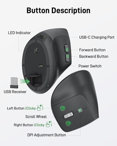 acer Ergonomic Mouse Wireless, Adjustable DPI Vertical Mouse 1000/1200/1600 with 6 Buttons, Rechargeable Ergo Mice, Medium to Large Sized Hands, 2.4GHz USB Receiver for Computer, Laptop, PC - Thumbnail 6