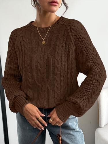 Trendy Queen Women Oversized Sweaters 2026 Fall Fashion Outfits Cable Knit Cozy Crewneck Cotton Pullover Cute Chunky Long Tunic Ladies Top Old Money Clothes Winter Clothing Brown M - Thumbnail 2