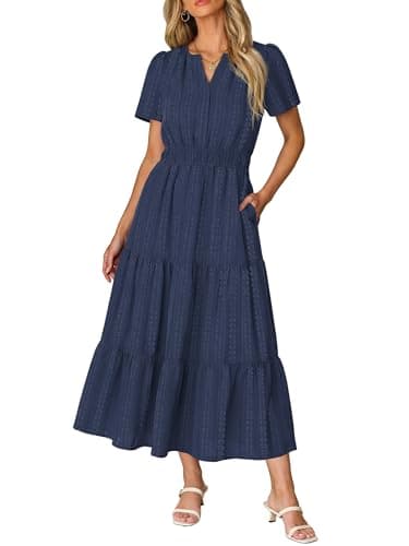 RUMIA Boho Maxi Dresses for Women Summer Short Sleeve V Neck Lightweight Beach Vacation Dress Navy XL - Image 1