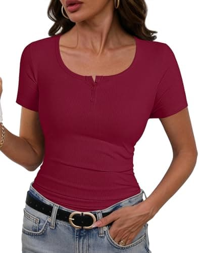 Short Sleeve Tops for Women Henley T Shirts Stretchy Ribbed Summer Tops Ribbed Knit Fitted Basic Slim Fitted Casual Top T-Shirt 2026 Red M - Image 1