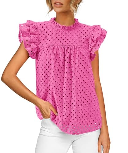 BTFBM Casual Summer Tops for Women 2025 Short Ruffle Sleeves Shirts Crew Neck Hollow Out Lace Embroidered Blouses(Hot Pink,X-Small) - Image 1