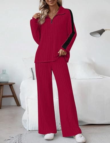 JUSTFASHIONNOW Womens 2 Piece Sweatsuits Set Long Sleeve Ribbed Knit Comfy Lounge Sets Half Zip Pullover Sweatshirt Wide Leg Sweatpants Fall Outfits Christmas Tracksuit (Red, XX-Large) - Thumbnail 4