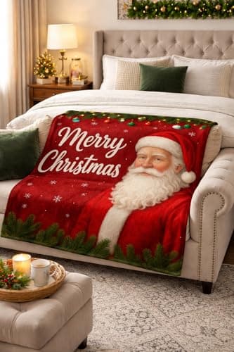 This Santa Claus Pattern Flannel Holiday Blanket Measures 40x50in and is Perfect for use on The Sofa, Bed, or for picnics. It's Warm and Lightweight, Making it an Ideal Gift and Home Decor. - Thumbnail 6