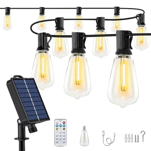 50FT Solar String Lights Outdoor Waterproof with Remote and 26 Shatterproof Edison Bulbs (1 Spare), USB Charging Solar Powered Patio LED Lights String for Outside, Garden, Backyard, Porch (Warm White) - Image 1