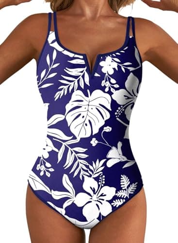 Aleumdr Women 2026 Trendy Tummy Control One Piece Swimsuits Boho Floral Print V Wired Bathing Suits Color Block Swimwear Blue Small - Image 1