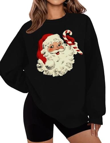 LETSEE Christmas Sweatshirts for Women 2025 Santa Claus Graphic Oversized Fleece Vacation Holiday Pullover Tops Xmas Gifts, A-Black, Medium - Image 1
