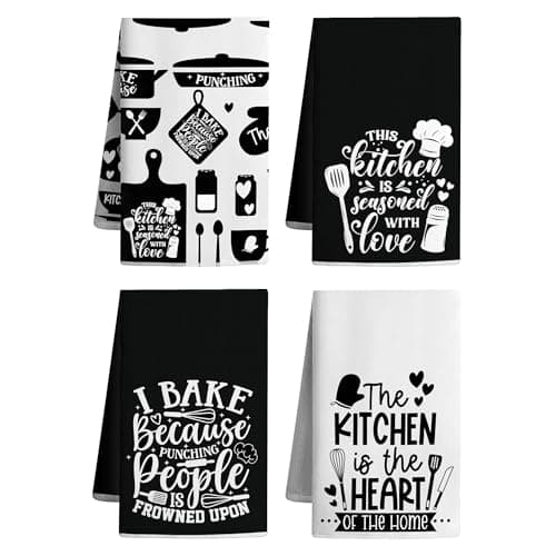 Vetoxka 4 Pcs Farmhouse Kitchen Towels Dish Towels Set Decorative Utensils Themed Hand Towels Funny Quotes Chef Tea Dishtowels Cloths for Kitchen Bathroom Cooking Decor Gifts Black White, 24 x 16 Inch - Image 1