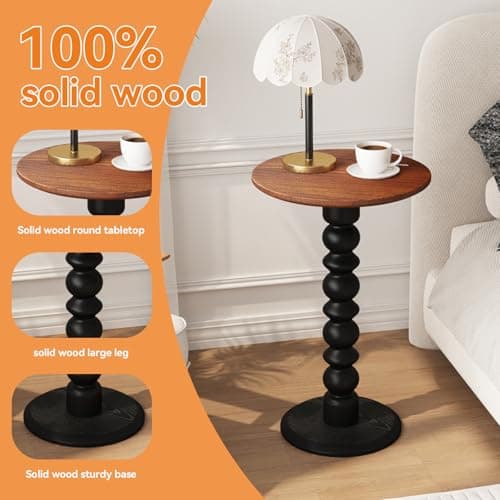 zaowofires Solid Wood Round Side Table, Small Drink Table,Cocktail Table, Wooden Pedestal End Table, Plant Stand for Living Room, Bedroom，Office and Corners(Walnut/Black) - Thumbnail 5