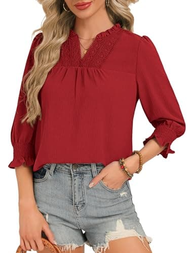 Funlingo Women Blouses Dressy Casual V Neck 3/4 Length Sleeve Womens Tops Boho Lace Shirts Beach Vacation Spring Clothes 2026 Red 2XL - Image 1