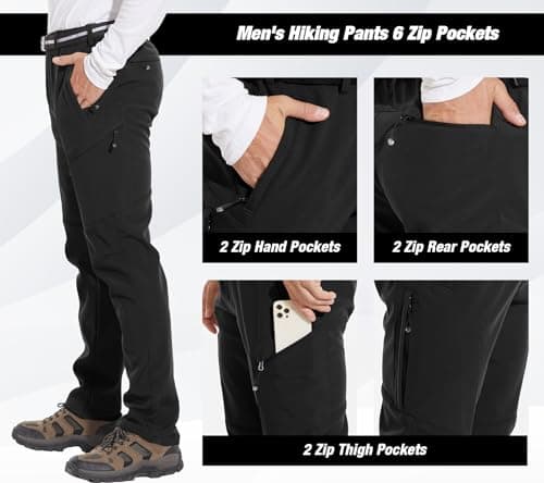 MOURCE Snow Pants Men Windproof, Elastic Waist Fleece Lined Hiking Pants Men with Belt, Black S - Thumbnail 2