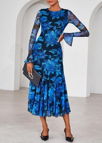 Lazysmile Women's Long Sleeve Floral Maxi Dresses Fall Formal Crewneck Bodycon Mesh Ruffle Wedding Guest Cocktail Party Dress Blue - Thumbnail 3