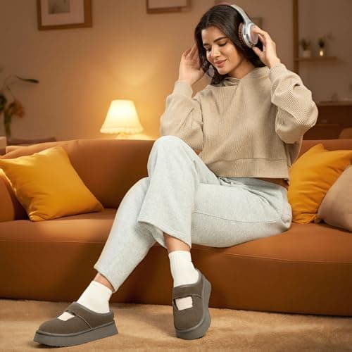 Vilanva Taupe Platform Slippers for Women Cozy Fur Lined Slip on Mary Jane Winter Shoes Warm Comfy House Slippers for Indoor Outdoor Size 9 - Thumbnail 3